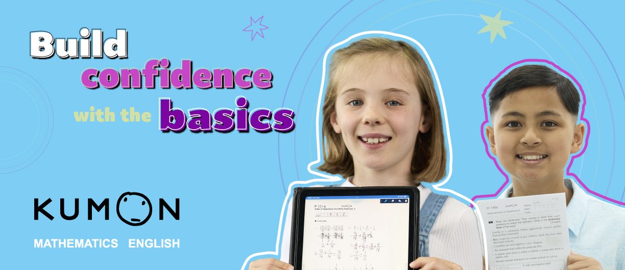 Kumon Mathematics and English: Build confidence with the basics. Two children smile, holding a tablet and a worksheet.