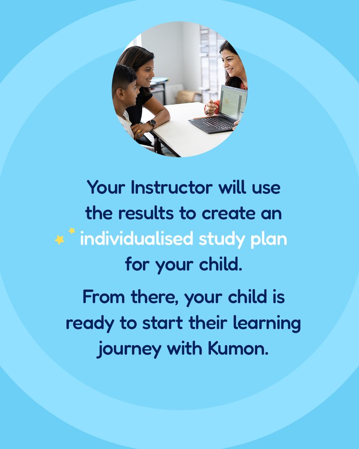 Slide 3 of 3: Your Instructor will use the results to create an individualised study plan for your child. From there, your child is ready to start their learning journey with Kumon.