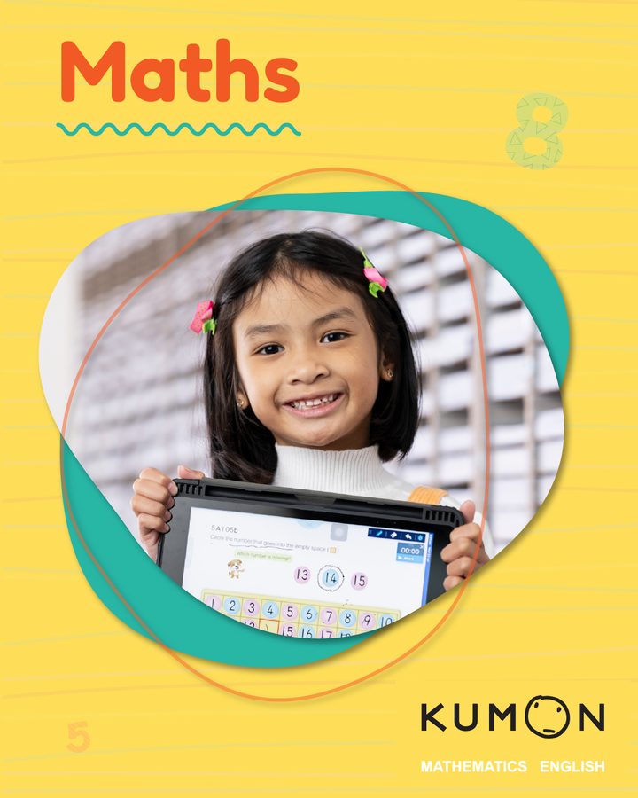 Kumon Maths. A girl smiles as she holds up a tablet showing a Kumon worksheet.