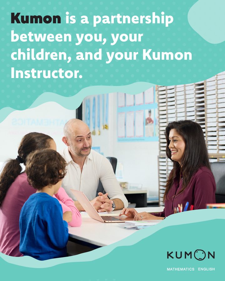 Kumon explainer: Kumon is a partnership between you, your children, and your Kumon Instructor. A parent, a child and an Instructor talk together.